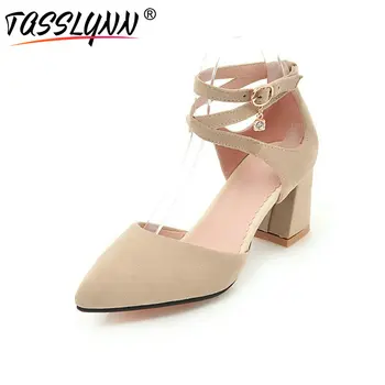 

TASSLYNN 2019 Woman Pumps Pointed Toe Office Lady Shoes Flock Square High Heel Women Shoes Buckle Strap Black Night Club Shoes