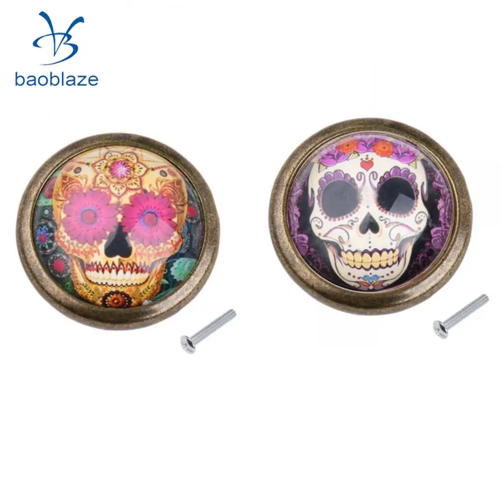 2pcs Vintage Brass Door Cabinet Cupboard Knobs Round Pull Handle Drawer Furniture Hardware - Skull