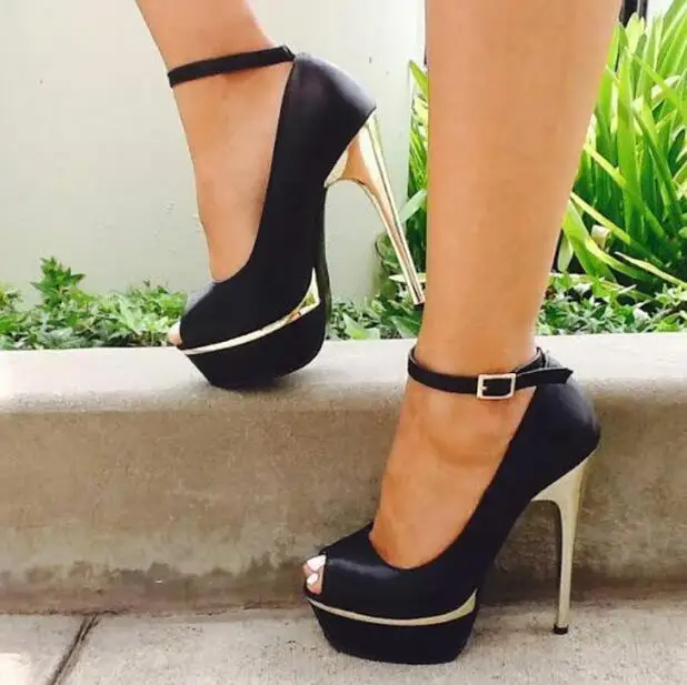 

Plus Size 45 Gold Metal Heels Pumps Women Shoes Black Leather Peep Toe Ankle Strap High Platform Women Shoes With Heels Big Sale