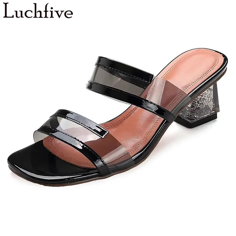 

Hot Clear Heels Beach Slippers Sexy PVC Belts Shoes Woman Open Toe Black Transparent Summer Slides Runaway Buty Damskie Letnie