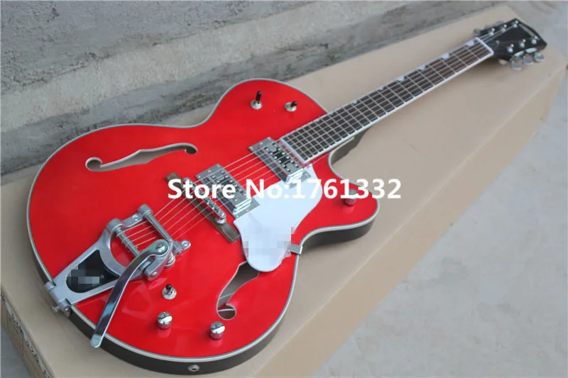 

Hot sale factory custom double f holes red electric guitar with tremolo system,white pickguard,can be made as your request