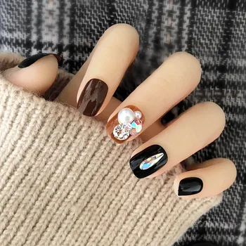 

Black Texture Brown Short Round Acrylic Full Cover Pearl Nail Tips 24pcs False Nail Art Artificial Design Fake Nail With Glue