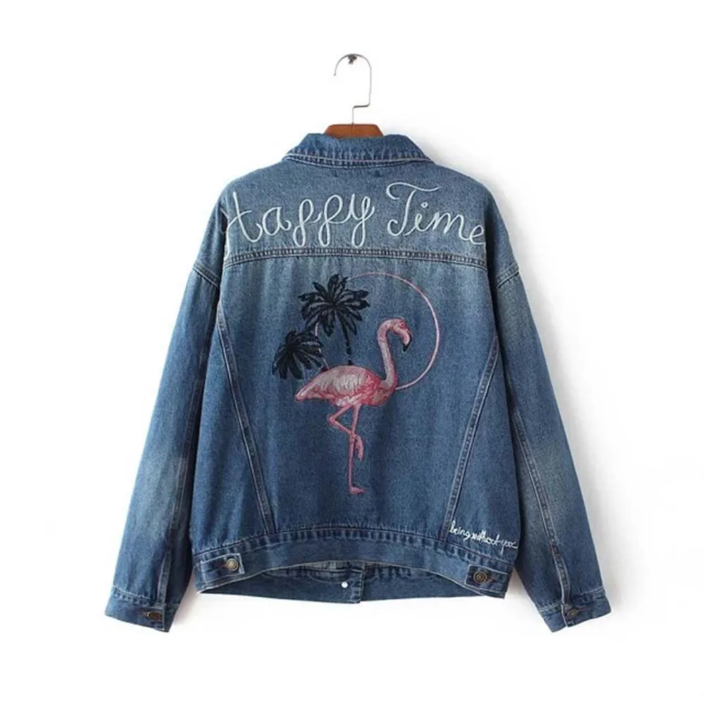 

Denim jacket for Women Casacos Feminino Letter Denim Jacket Femme Elegant Vintage Bomber Jacket 2018 Basic Coat Bird Embroidery