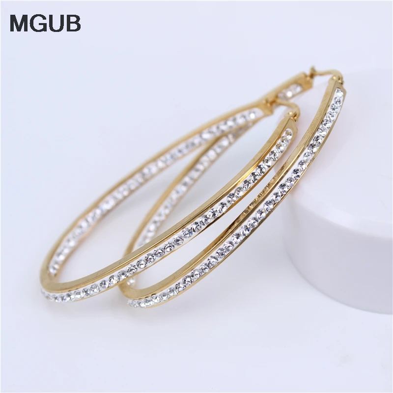 

MGUB 3mm 60mm high large inside and outside crystal female earring stainless steel classic Popular oval accessories gift LH460
