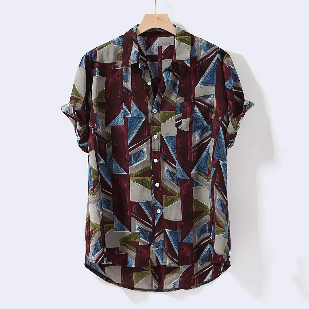

2019 New Male's Tops Mens Hawaiian Lump Chest Pocket Short Sleeve Round Hem Loose Shirts Print Nuevo estilo de moda masculina