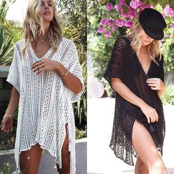 

2019 New Beach Cover Up Bikini Crochet Knitted Tassel Tie Beachwear Summer Swimsuit Cover Up Sexy See-through Beach Dress