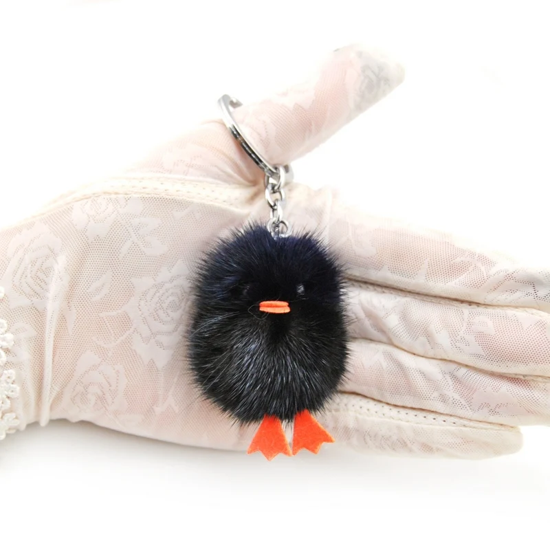 Porte-clé Pompon en fourrure de vison véritable pour femme, accessoire mignon, peluche de canard, jouet poupée, bibelot