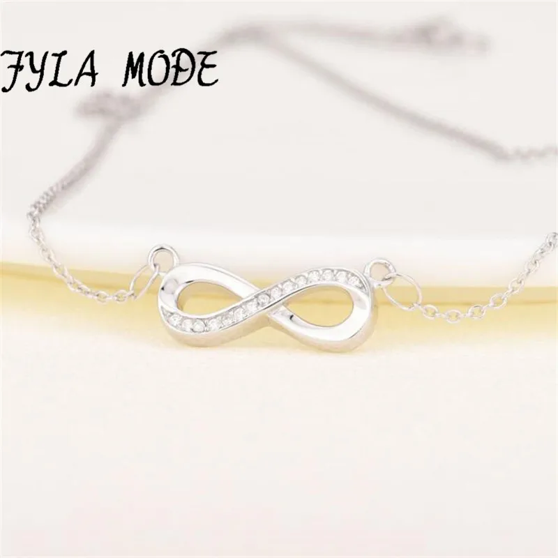European Infinity Women font b Necklace b font 925 Sterling Silver Crystal Link Chain font b