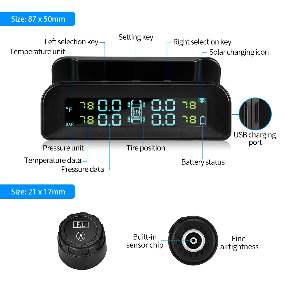 45 градусов вращение солнечной USB TPMS автомобильная система контроля давления в шинах прибор для определения времени ЖК-экран 4 внешних датчика для jeep SUV