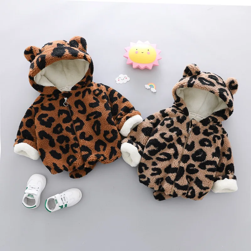 Baby Hoodies Coat Kids Thick Plus Velvet Leopard Print Jackets Boys Girls Windproof Coat Baby