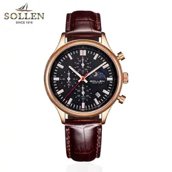 SOLLEN бренд класса люкс известный для мужчин часы Moon Phase для мужчин часы мужской часы модные кожаные повседневное кварцевые часы reloj hombre 2018