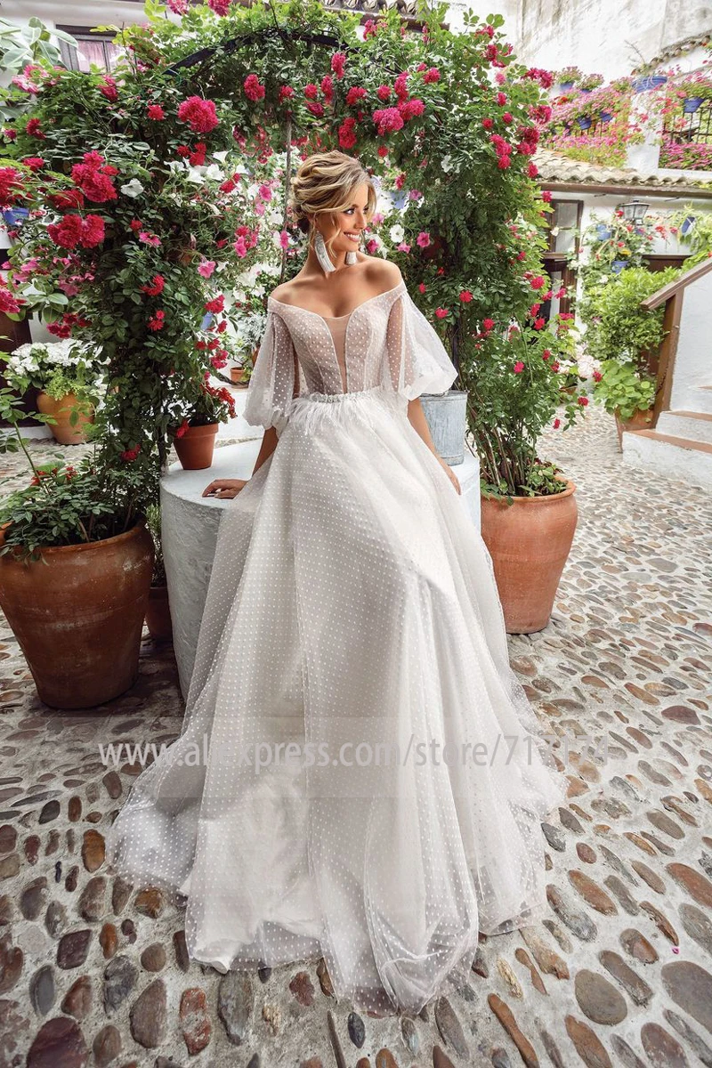 Романтическое свадебное платье трапециевидной формы милое иллюзионное кружевное платье с рукавами-фонариками без бретелек из тюля свадебное бохо-платье с пуговицами сзади Свадебное Платье