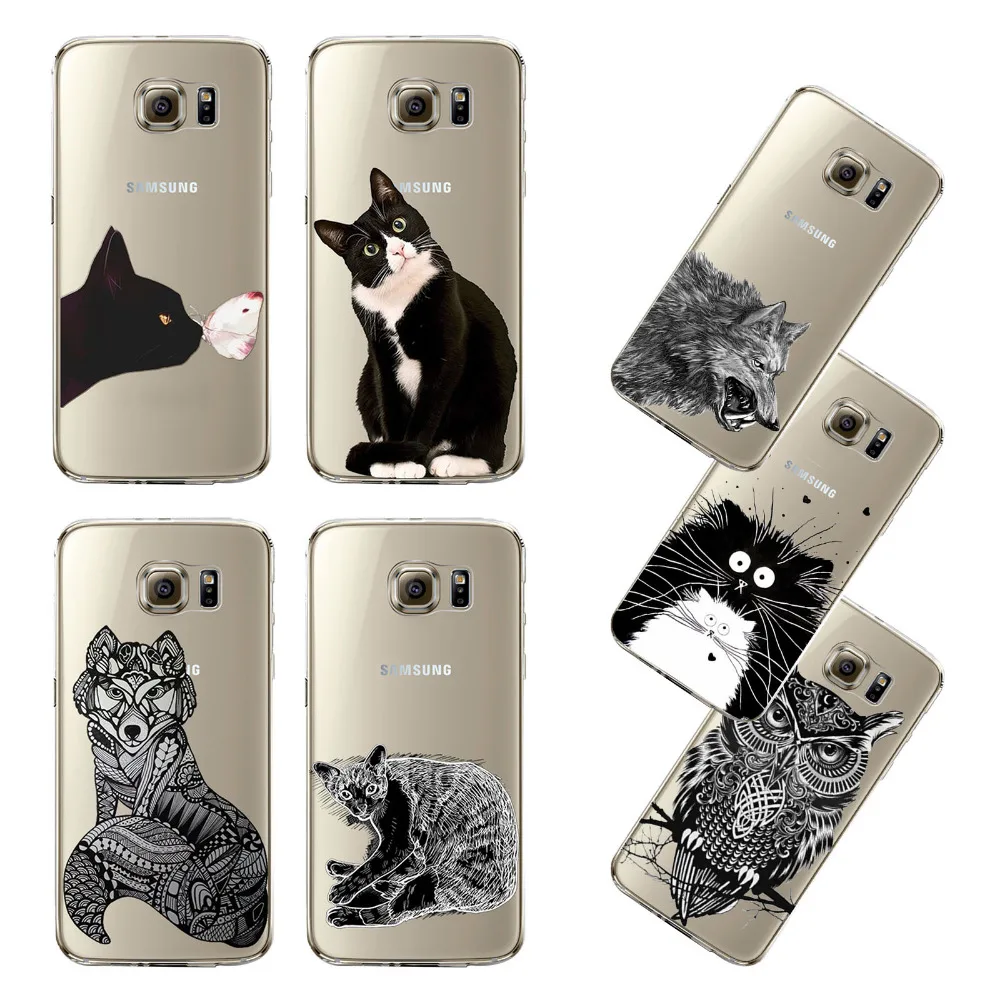 Ultra Thin Transparent Soft Black White Cat Owl Eagle Cell Phone Back Cover For Samsung Galaxy S5 S6 S6Edge S6Edge+ S7 S7edge