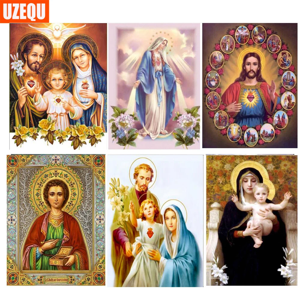 Uzequ полностью Алмазная вышивка Jesus Family 5D DIY крестиком религиозная портретная