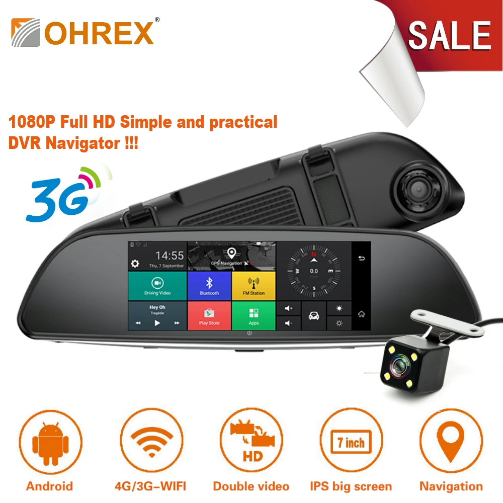 OHREX T803 Автомобильный dvr 3g 7 дюймов Full HD Android зеркало заднего вида двойной объектив