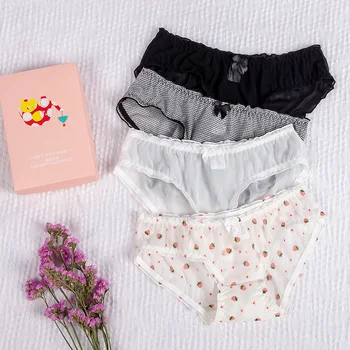 

4 packs Japanese girls cotton strawberry thin section no traces net red ice silk Female Panties sexy translucent underwear women