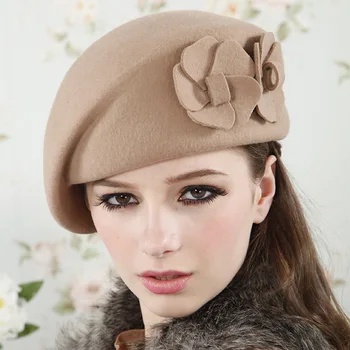 

3 colors 2016 famous brand Korean version of the fashionable lady flight attendant hat double flowers wool woolen beret hats