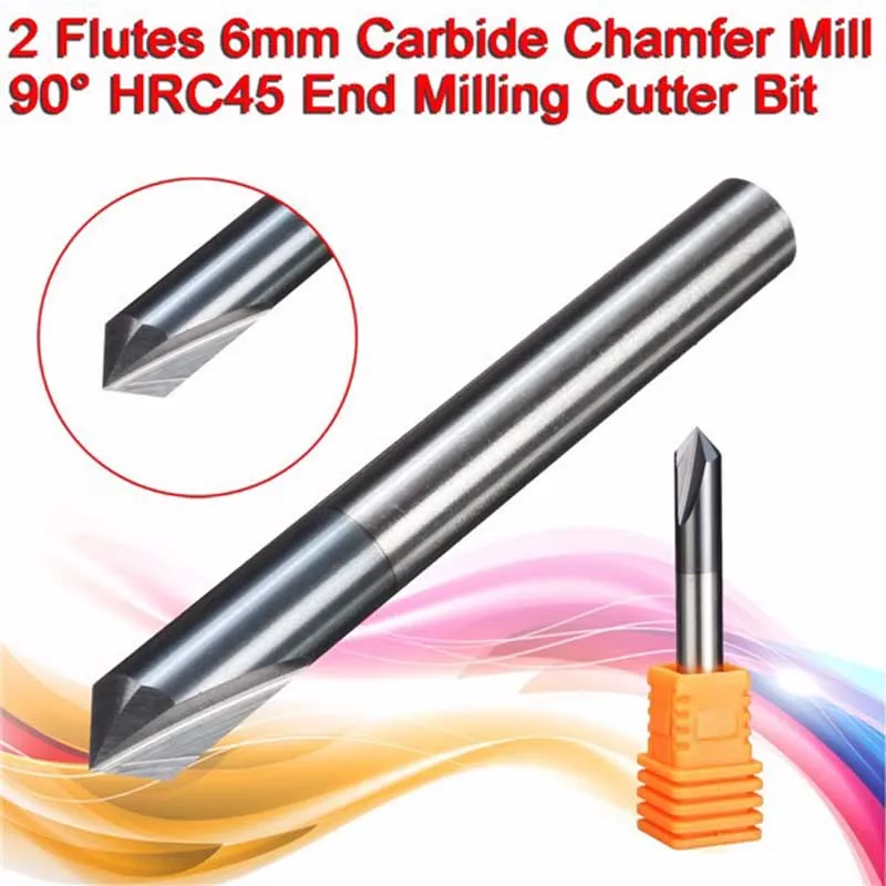 Mayitr 6mm Chamfer End Mill 90 Degree Cutter Router Bit Tool 2 Flutes HRC45 Carbide Tungsten Steel Coating Angle Milling Cutter