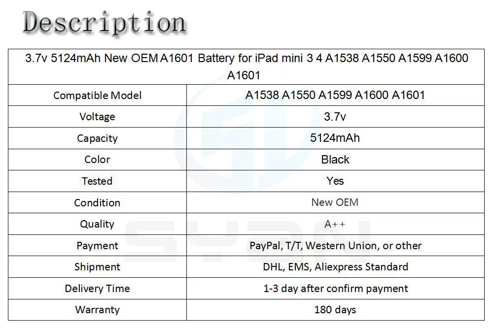 3.7v 5124mAh New OEM A1601 Battery for iPad mini 3 4 A1538 A1550 A1599 A1600 A1601