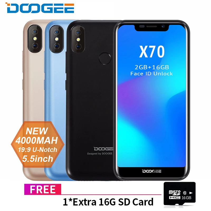 

New DOOGEE X70 Smartphone Face 5.5&#39&#39 U-Notch 19:9 MTK6580 Quad Core 2GB RAM 16GB ROM Dual Camera 8.0MP Android 8.1 40