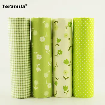 

4pcs Green Color Check/flowers/dots Design 100% Cotton Fabric Twill Scrapbooking Cloth Fat Quarters 40cm*50cm Teramila Fabric