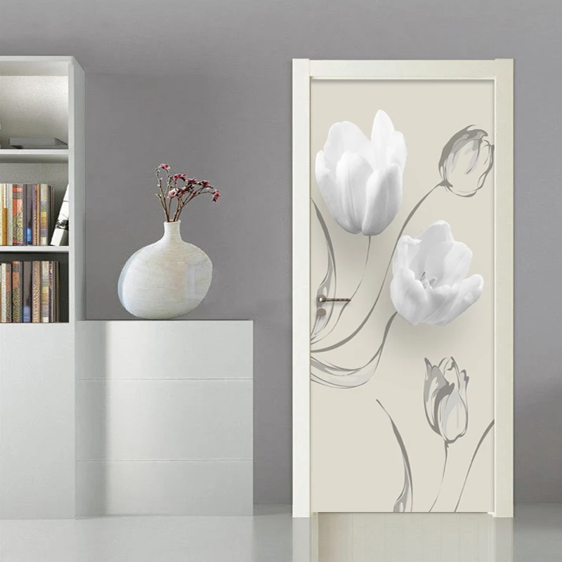 

3D White Flowers Poster PVC Waterproof Entire Door Sticker Creative Stickers Door Wall Sticker DIY Mural Bedroom Home Decor
