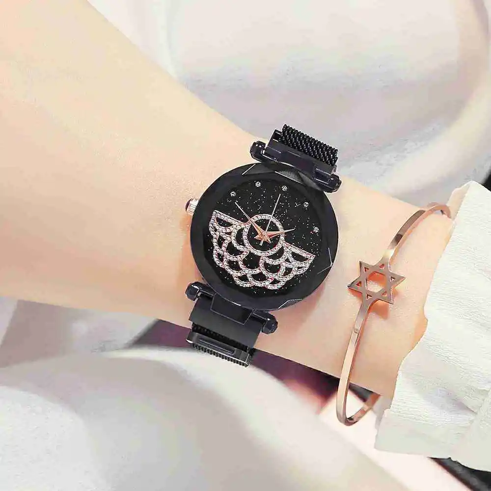 Модные женские часы звездного неба с магнитной пряжкой, бриллиантовые часы из нержавеющей стали с сетчатым ремешком, Роскошные Дизайнерские наручные часы