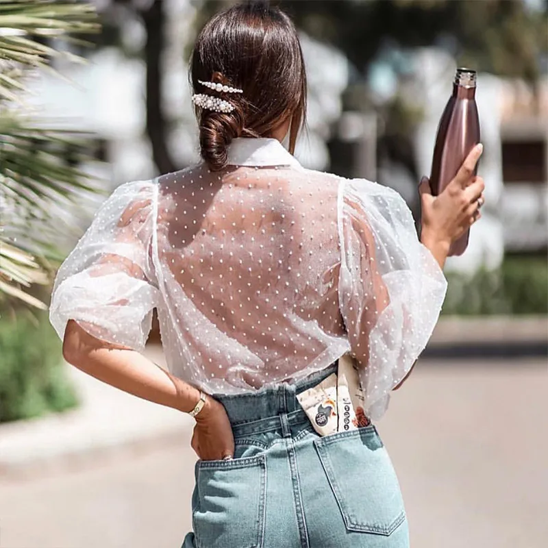Summer Lantern Sleeve Turn Dwon Collar Women Shirts 2019 Dot Long Buttons Female Blouses Elegant Sexy Solid White Ladies Clothe