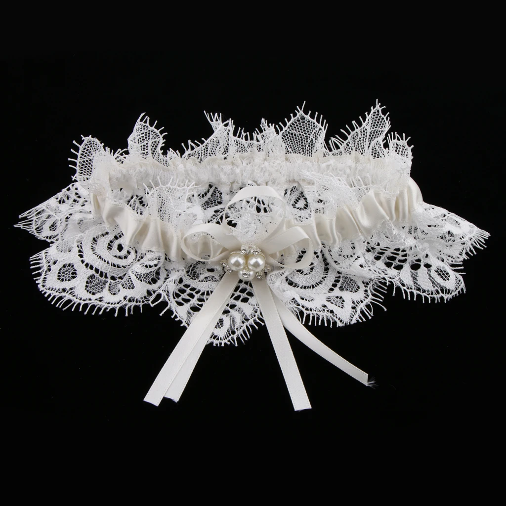 prettyia Bridal Wedding Pearls Bow Knot Lace Garter Wedding Dress Accessories for Wedding Fancy Party 