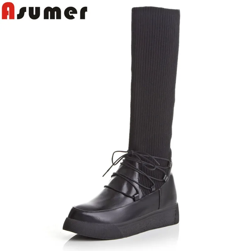 

Big size 33-43 autumn winter sexy soft leather knee high boots fashion low heel round toe women boots