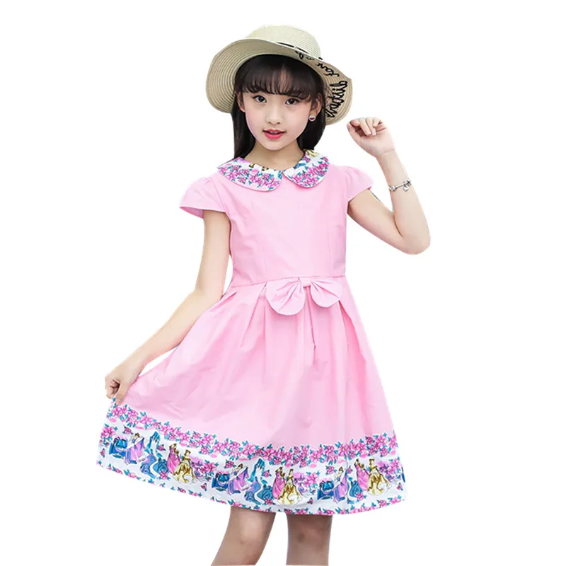 

Girls Dress 2019 Summer Bow Knot Front Flower Dresses For Children Girls Pink Peter Pan Collar Dress 5 6 7 8 9 10 11 12 13 Years