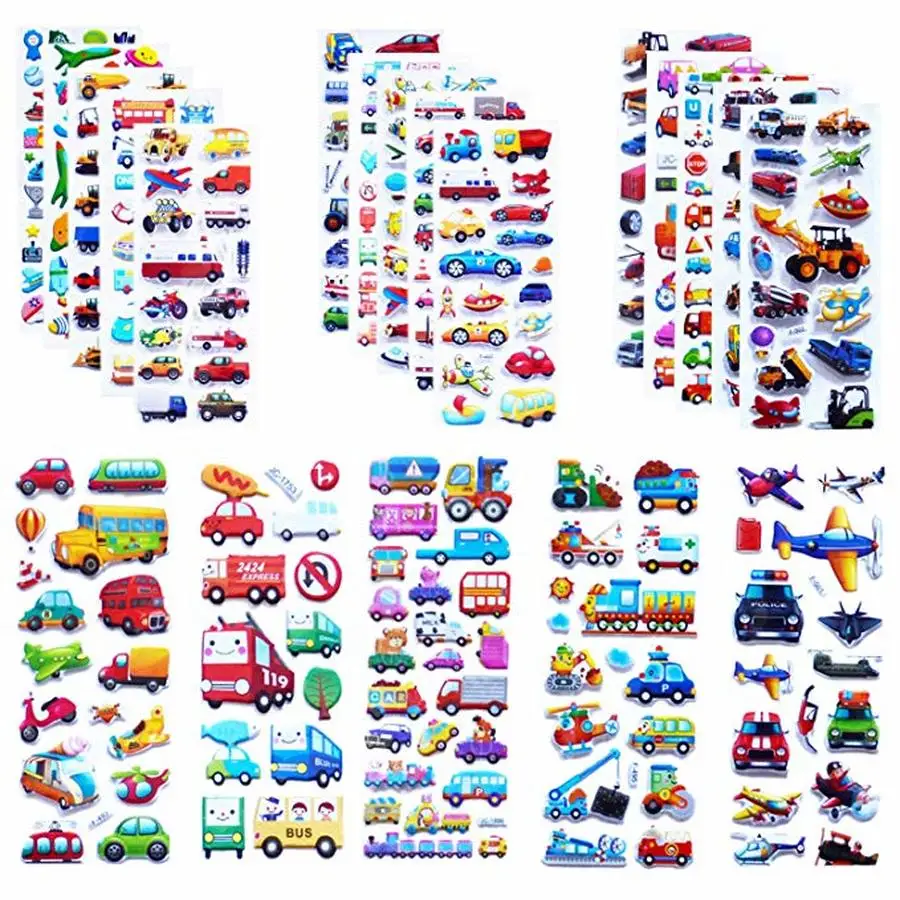 

6 Different Sheets 3D sticker Crtoon Traffic Car DIY Stickers Toys PVC Scrapbook for Children Diary Notebook Decoration Gifts