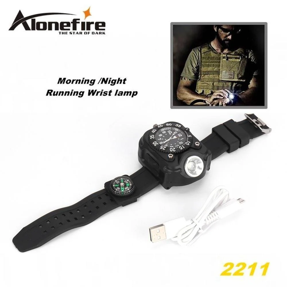 2211 Tactical Compass FlashLight Rechargeable Q5 LED Watch Flashlight Wristlight Waterproof