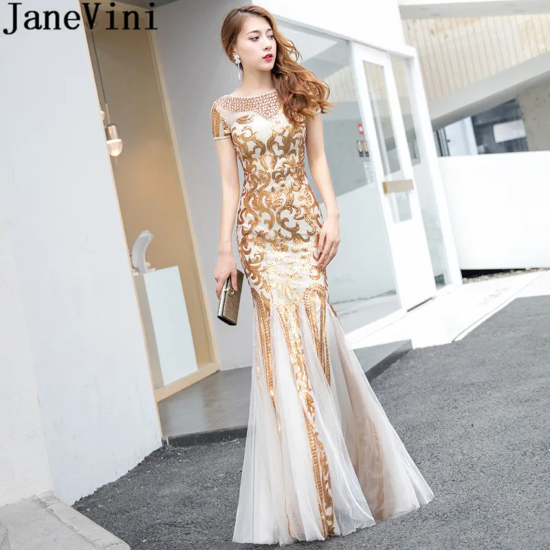 

JaneVini Sparkly Champagne Gold Sequins Mermaid Bridesmaids Dress Ladies Long Dress For Wedding Party Crystal Prom Dresses 2019