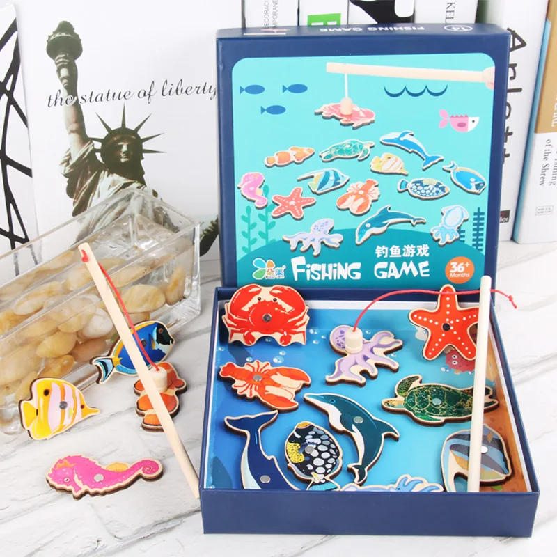 

Magnet Fishing Toy Kids Sea Fishing Game Wooden Fish Rod Sea Animals Cognition Early Educational Interactive Toy