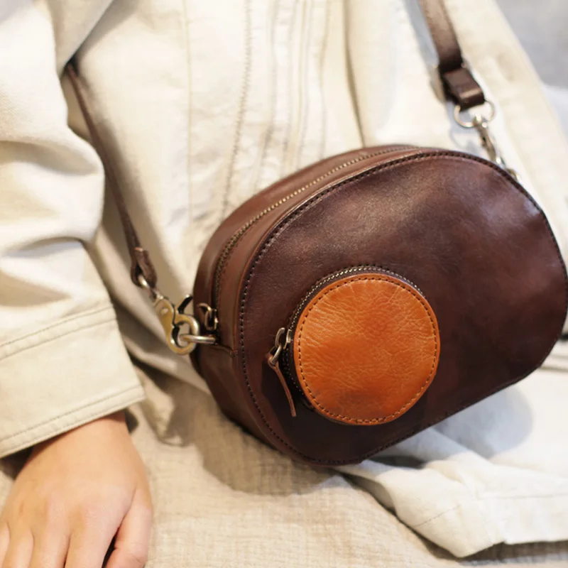 AETOO Vintage cowhide Round bag, cute sprout handmade leather female bag, literary shoulder bag