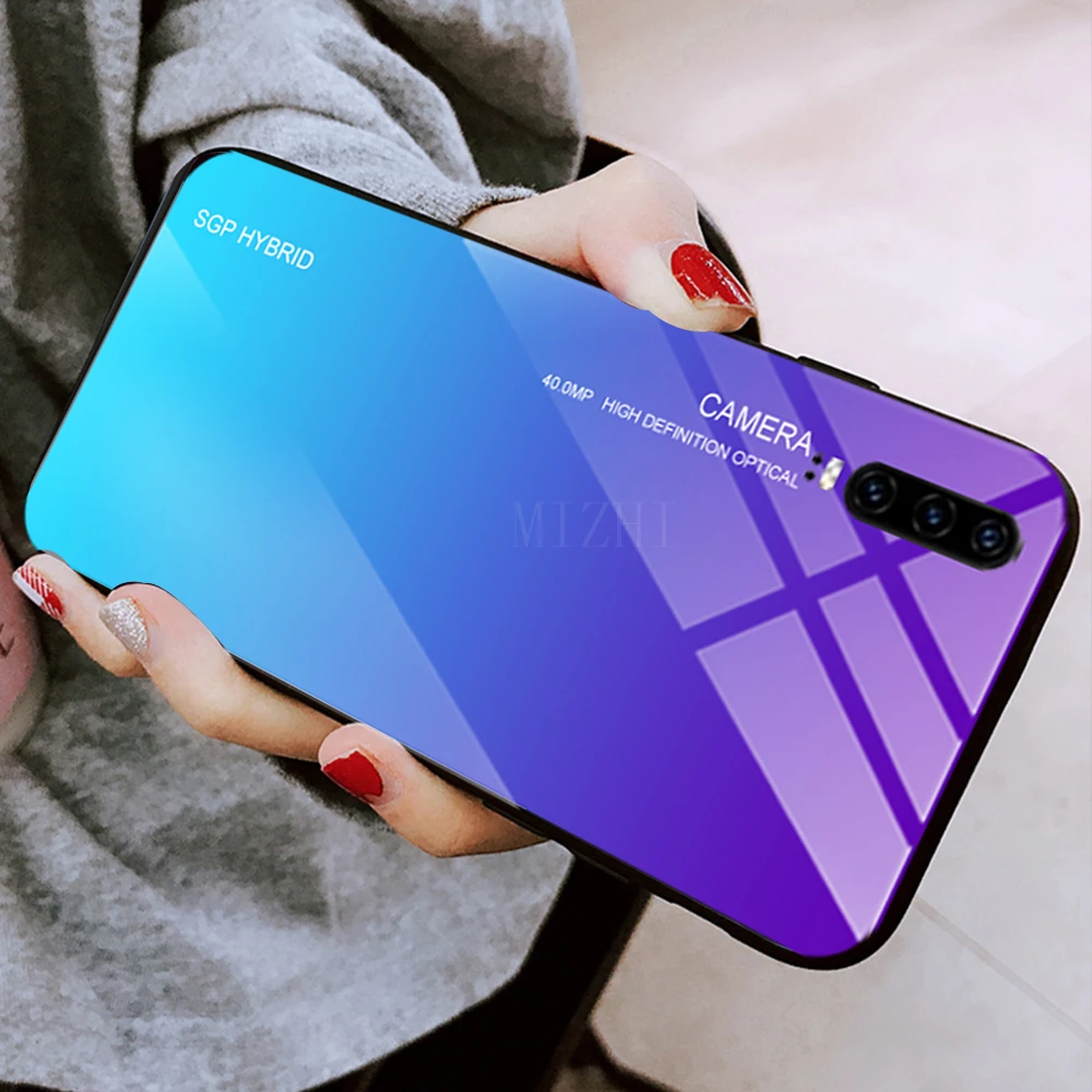 Gradient tempered glass phone case for huawei p30pro back cover for huawei p30 pro p 20 lite 30 light 30pro soft silicone cases