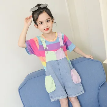 

Children Summer Sets Girls 2 Pcs Colorful Striped T Shirts Tees & Denim Mid Calf Suspender Trousers Suits Kids Overalls Clothing