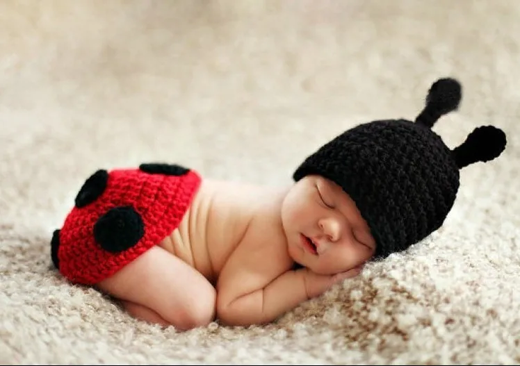 Милая Божья коровка новорожденная вязаная для маленькой девочки вязаный костюм фото реквизит мультфильм вязаный ручной работы младенческой наряд шляпа набор - Цвет: T039B