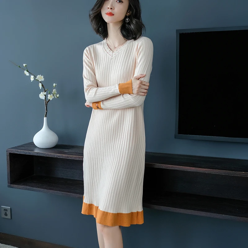 Winter Sweater Dress Women Knitted Pullover Clothing V Neck Ladies Long