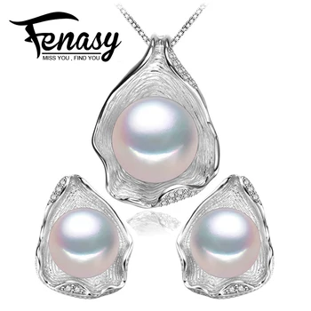 

FENASY 925 Sterling Silver Jewelry Sets Natural Pearl Pendant Necklaces For Women Trendy Stud Pearl Earrings