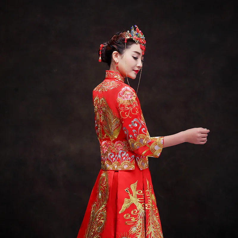  Chinese Traditional Dress Red Long Sleeve Cheongsam Embroidery Qipao Oriental Dresses Wedding Invit - 32877091130