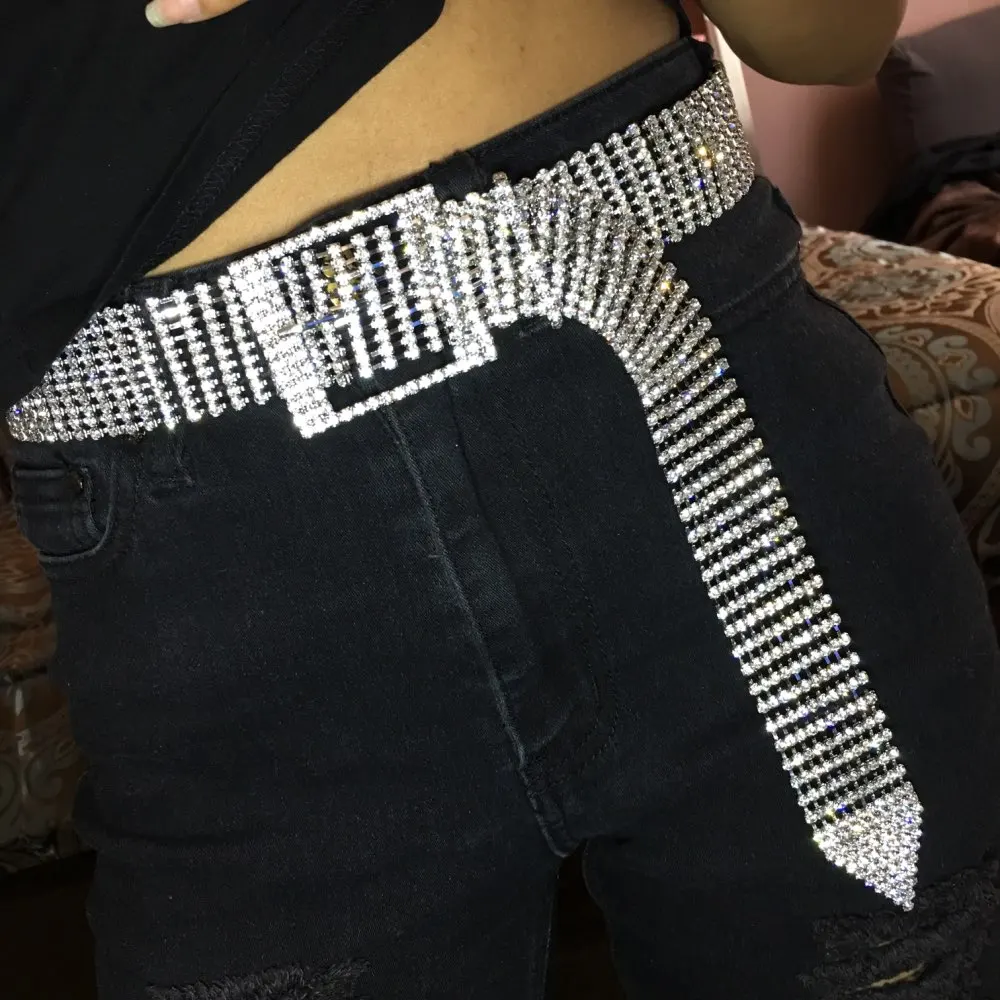 

Fashion Luxury Women's Rhinestone Belt Female Ten Row Bright Bride Wide Bling Crystal Diamond Waist Chain Belt Rhinestones