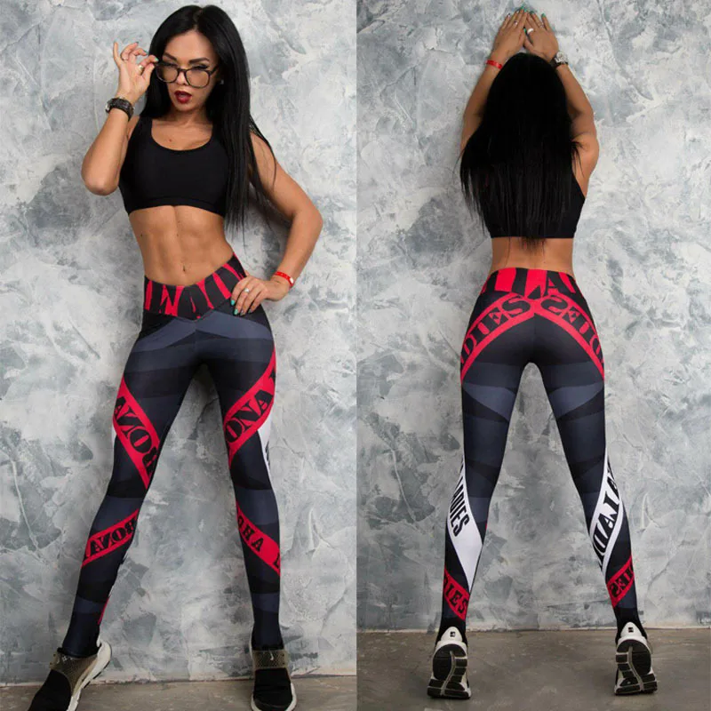 Женская Письмо печати Sexy Тонкий Фитнес тренировки Bodycon Брюки Мода активность упругие узкие брюки, леггинсы, обтягивающие брюки для женщин
