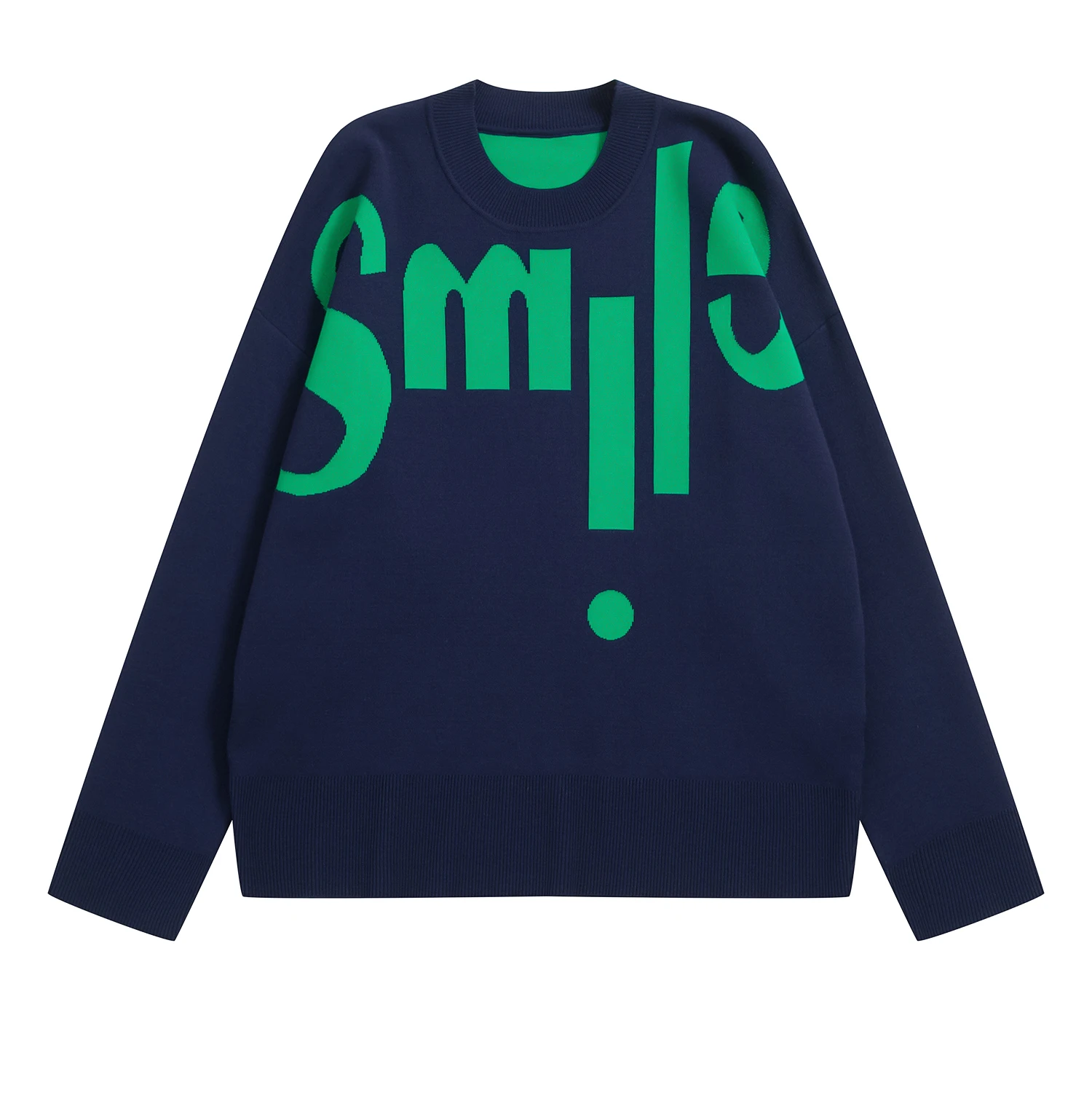 

Harajuku Loose Letter Smile Jacquard Dark Blue Ladies' Autumn Winter Warm Pullover Sweater Ladies Knitted Jumper Tops