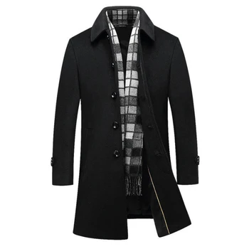 

Autumn Winter Wool Coat Men Business Casual Scarf Collar Long Windbreaker Jacket Single Breasted Black Woolen Coat Male 4XL