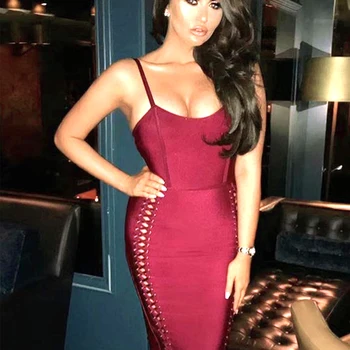 

Top Quality Wine Slip Knee Length Bodycon Rayon Bandage Dress Evening Party Dress