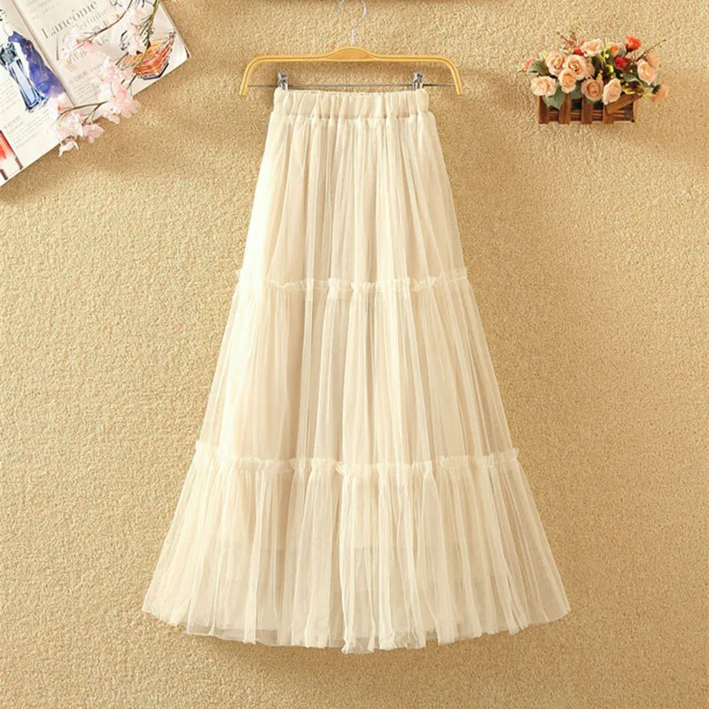 

Vintage Long Skirts Voile Summer Womens Casual High Waist Long Skirt jupe femme Boho Pleated Mesh Boho Skirt