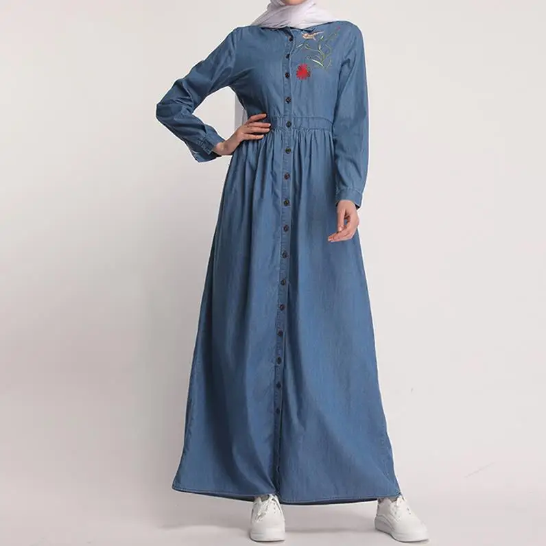 Джинсовый кафтан абайя Дубай ислам кардиган хиджаб мусульманское платье Абая для женщин Катара ОАЭ Оман кафтан халат турецкая исламская одежда - Цвет: Blue Dress