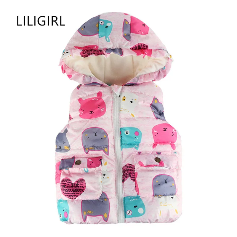

LILIGIRL Sleeveless Kids Vest Jacket for Baby Girls Cartoon Print Tops Coat 2019 Spring Boys Hooded Vest Outwear Clothes New